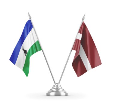 Letonya ve Lesotho masa bayrakları beyaz 3D görüntüleme üzerinde izole edildi