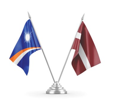 Letonya ve Marshall Adaları masa bayrakları beyaz 3D görüntüleme üzerinde izole