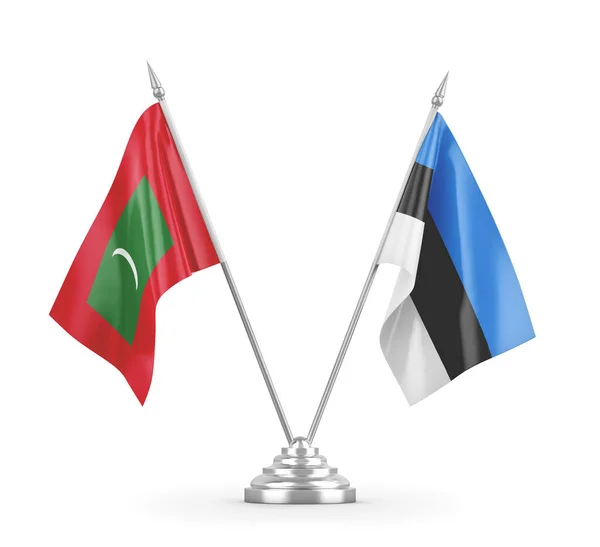 Banderas de mesa Estonia y Maldivas aisladas en renderizado 3D blanco — Foto de Stock