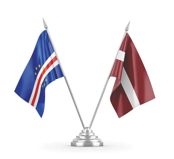 拉脱维亚和佛得角在白色3D渲染上隔离的桌旗 — 图库照片