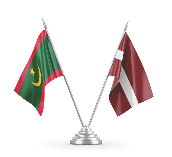 Lotyšsko a Mauritánie tabulky vlajky izolované na bílém 3D vykreslování — Stock fotografie