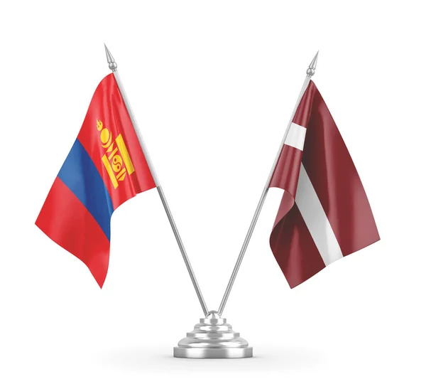 Lotyšsko a Mongolsko tabulky vlajky izolované na bílém 3D vykreslování — Stock fotografie