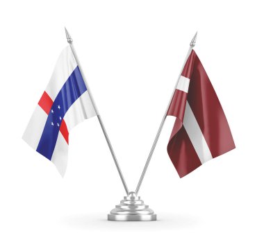 Letonya ve Hollanda Antilleri masa bayrakları beyaz 3D görüntüleme üzerinde izole