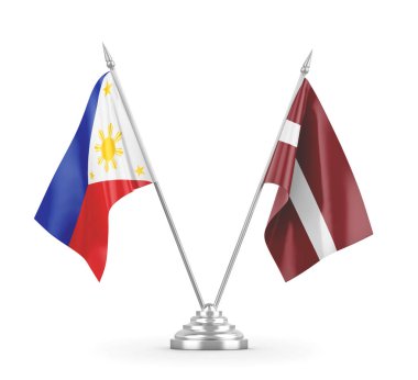 Letonya ve Filipinler masa bayrakları beyaz 3D görüntüleme üzerinde izole
