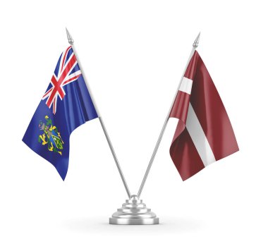 Letonya ve Pitcairn Adaları masa bayrakları beyaz 3D görüntüleme üzerinde izole