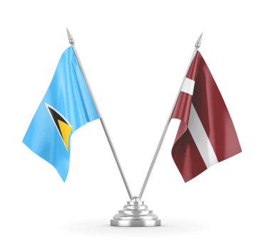 Letonya ve Saint Lucia masa bayrakları beyaz 3D görüntüleme üzerinde izole edildi