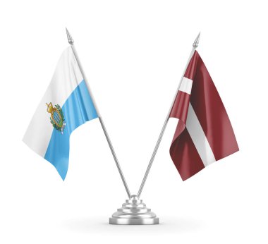 Letonya ve San Marino masa bayrakları beyaz 3D görüntüleme üzerinde izole