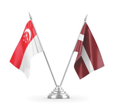 Letonya ve Singapur masa bayrakları beyaz 3D görüntüleme üzerinde izole edildi