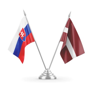 Letonya ve Slovakya masa bayrakları beyaz 3D görüntüleme üzerinde izole edildi
