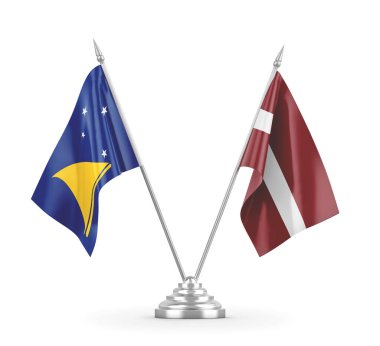 Letonya ve Tokelau tablo bayrakları beyaz 3D görüntüleme üzerinde izole