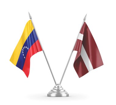 Letonya ve Venezuela masa bayrakları beyaz 3D görüntüleme üzerinde izole edildi