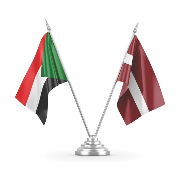 Lotyšsko a Súdán tabulky vlajky izolované na bílém 3D vykreslování — Stock fotografie