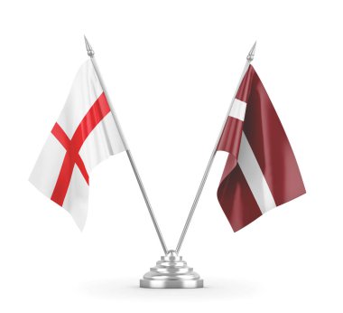 Letonya ve İngiltere masa bayrakları beyaz 3D görüntüleme üzerinde izole edildi