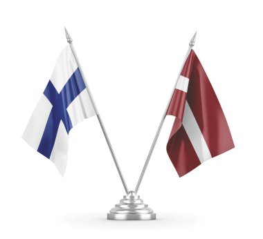 Letonya ve Finlandiya bayrakları beyaz 3D görüntüleme üzerinde izole edildi