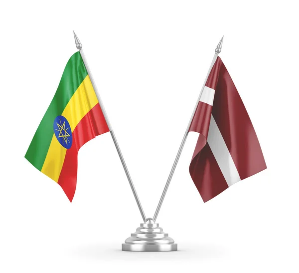 Lotyšsko a Etiopie tabulky vlajky izolované na bílém 3D vykreslování — Stock fotografie