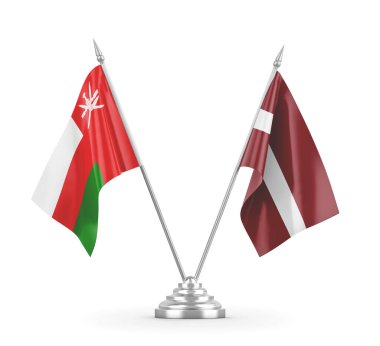 Letonya ve Umman masa bayrakları beyaz 3D görüntüleme üzerinde izole