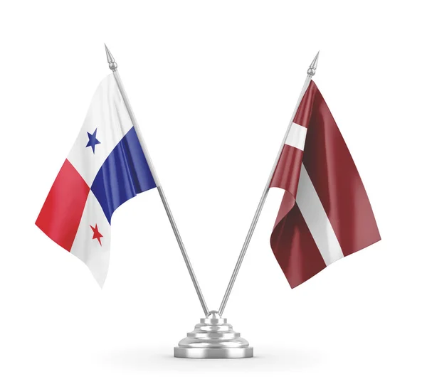 拉脱维亚和巴拿马在白色3D渲染上隔离的桌旗 — 图库照片