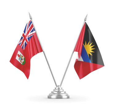 Antigua ve Barbuda ve Bermuda masa bayrakları beyaz 3D görüntüleme üzerinde izole