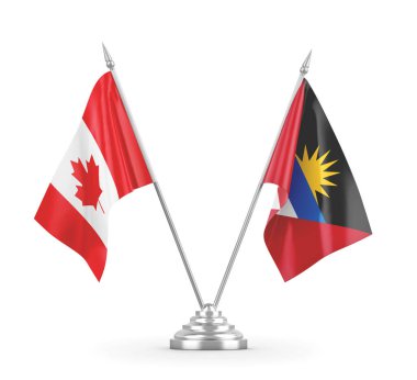 Antigua, Barbuda ve Kanada masa bayrakları beyaz 3D görüntüleme üzerinde izole 