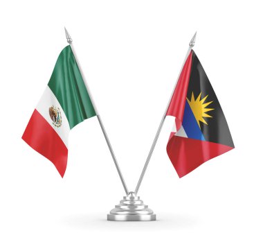 Antigua, Barbuda ve Meksika masa bayrakları beyaz 3D görüntüleme