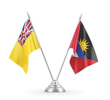 Antigua ve Barbuda ve Niue masa bayrakları beyaz 3D görüntüleme üzerinde izole