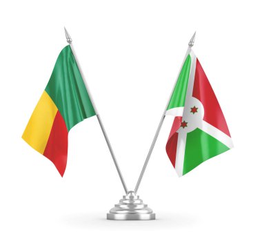 Burundi ve Benin masa bayrakları beyaz 3D görüntüleme üzerinde izole 