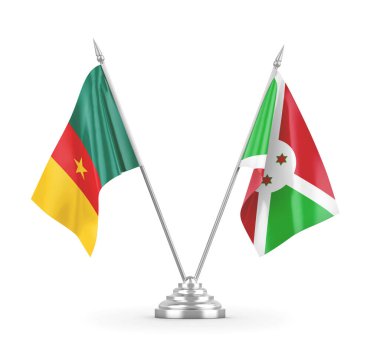 Burundi ve Kamerun masa bayrakları beyaz 3D görüntüleme üzerinde izole edildi 
