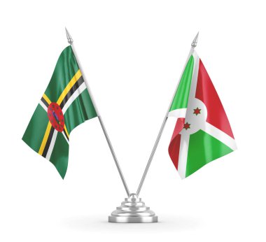 Burundi ve Dominica masa bayrakları beyaz 3D görüntüleme üzerinde izole edildi