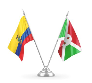 Burundi ve Ekvador masa bayrakları beyaz 3D görüntüleme üzerinde izole