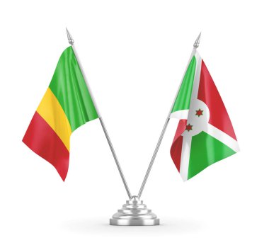 Burundi ve Mali masa bayrakları beyaz 3D görüntüleme üzerinde izole edildi