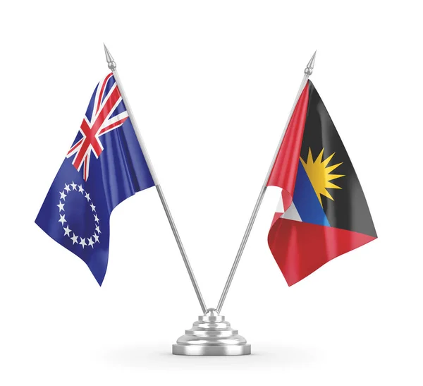 Banderas de mesa Antigua y Barbuda e Islas Cook aisladas en renderizado 3D blanco — Foto de Stock