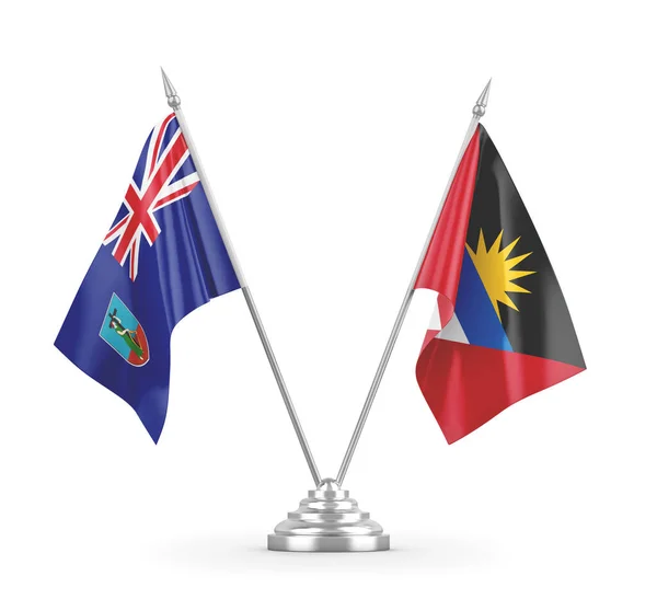 Banderas de mesa Antigua y Barbuda y Montserrat aisladas en renderizado 3D blanco — Foto de Stock