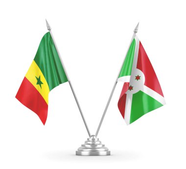 Burundi ve Senegal masa bayrakları beyaz 3D görüntüleme üzerinde izole edildi