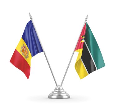 Mozambik ve Andorra masa bayrakları beyaz 3D görüntüleme üzerinde izole 