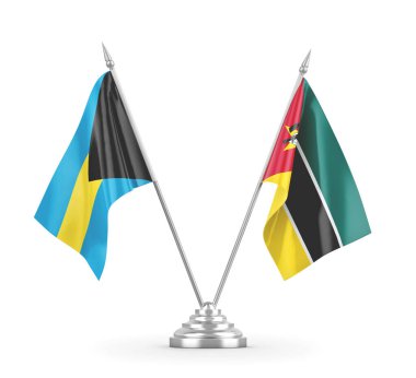 Mozambik ve Bahamalar masa bayrakları beyaz 3D görüntüleme üzerinde izole 