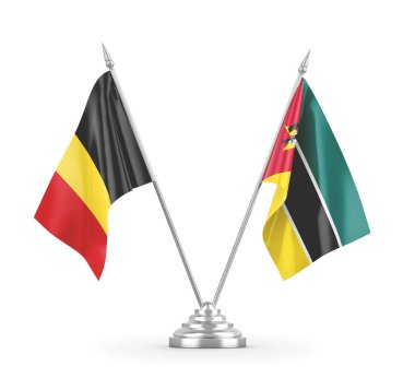 Mozambik ve Belçika masa bayrakları beyaz 3D görüntüleme üzerinde izole edildi 