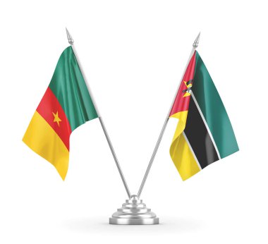 Mozambik ve Kamerun masa bayrakları beyaz 3D görüntüleme üzerinde izole 