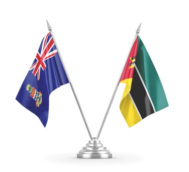 Mozambik ve Cayman Adaları masa bayrakları beyaz 3D görüntüleme üzerinde izole