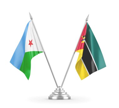 Mozambik ve Cibuti masa bayrakları beyaz 3D görüntüleme üzerinde izole edildi