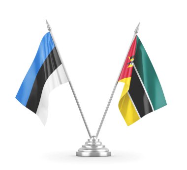 Mozambik ve Estonya masa bayrakları beyaz 3D görüntüleme üzerinde izole edildi