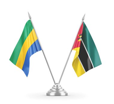 Mozambik ve Gabon masa bayrakları beyaz 3D görüntüleme üzerinde izole