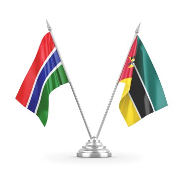 Mozambik ve Gambiya masa bayrakları beyaz 3D görüntüleme üzerinde izole edildi