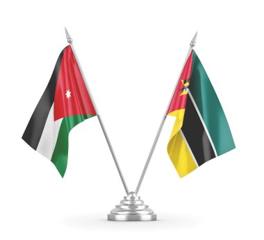 Mozambik ve Ürdün masa bayrakları beyaz 3D görüntüleme üzerinde izole