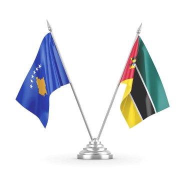 Mozambik ve Kosova masa bayrakları beyaz 3D rendelemede izole edildi