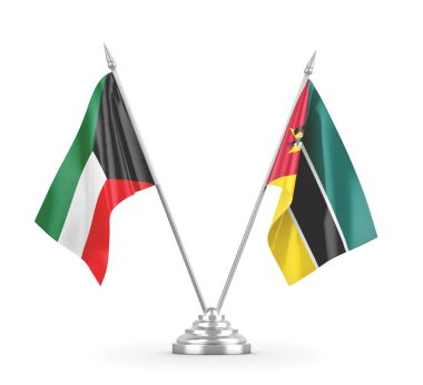 Mozambik ve Kuveyt masa bayrakları beyaz 3D görüntüleme üzerinde izole