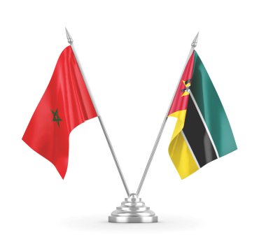 Mozambik ve Fas masa bayrakları beyaz 3D görüntüleme üzerinde izole edildi