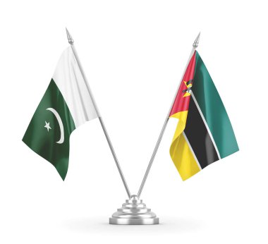 Mozambik ve Pakistan masa bayrakları beyaz 3D görüntüleme üzerinde izole edildi