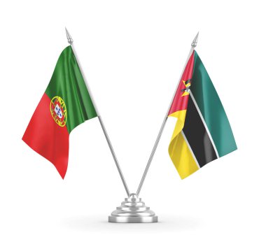 Mozambik ve Portekiz masa bayrakları beyaz 3D görüntüleme üzerinde izole edildi