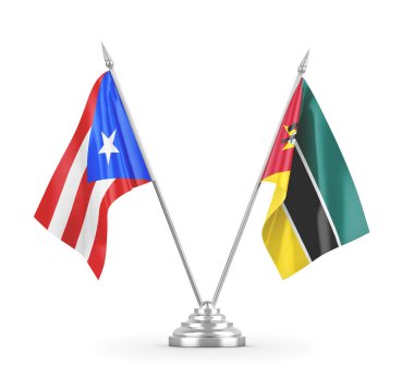 Mozambik ve Porto Riko masa bayrakları beyaz 3D görüntüleme üzerinde izole edildi