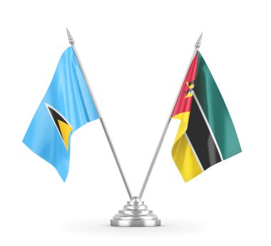 Mozambik ve Saint Lucia masa bayrakları beyaz 3D görüntüleme üzerinde izole edildi
